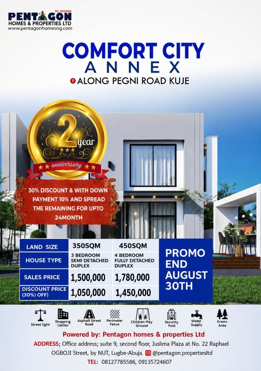 Comfort City Annex, Kuje promo flyer: 30% off for Pentagon Homes' 2-year anniversary, with plot sizes, house types, and discounted prices