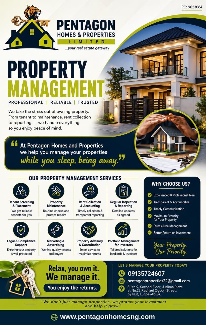 Pentagon Homes property management services flyer: tenant screening, maintenance, rent collection, inspection, legal support, marketing, advisory and portfolio management