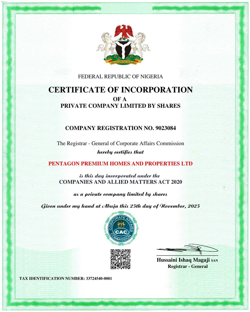 A registered certificate document, Pentagon Homes Abuja